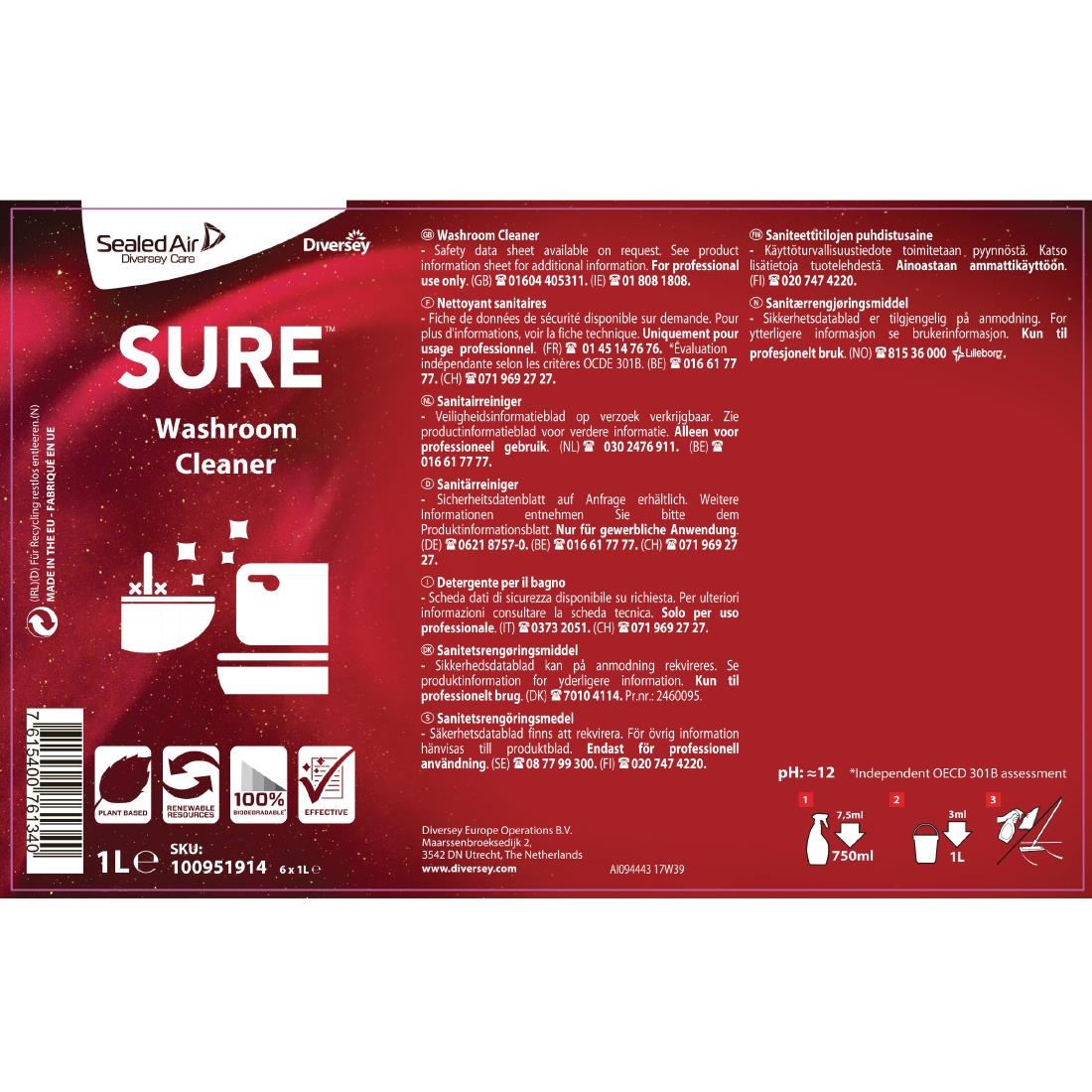 SURE Washroom Cleaner Concentrate 1 Litre (6 Pack)