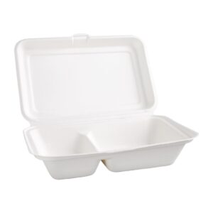 Fiesta Green Compostable Bagasse Hinged 2-Compartment Food Containers 253mm (Pack of 200)