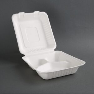 Fiesta Green Compostable Bagasse Hinged 3-Compartment Food Containers 201mm (Pack of 200)