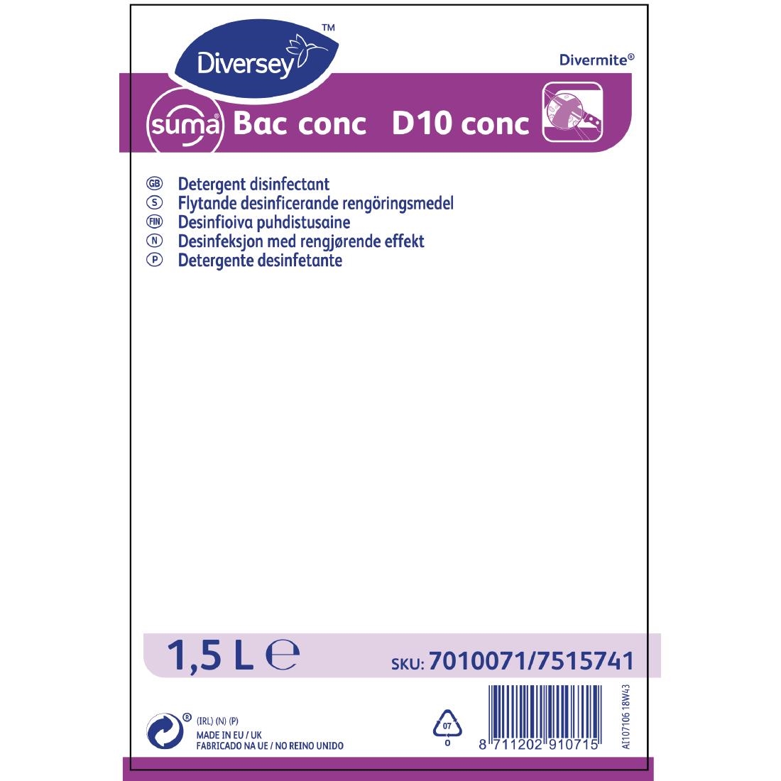 Suma Bac D10 Cleaner and Disinfectant Super Concentrate 1.5Ltr (4 Pack)