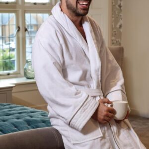 Mitre Heritage Ambassador White Bathrobe with Taupe Piping Extra Large