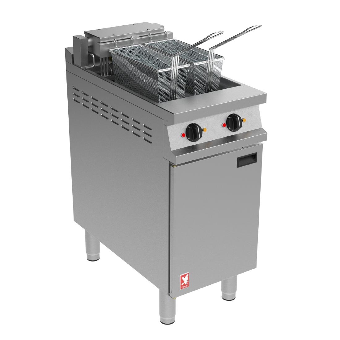 Falcon Dominator Plus E3845F Twin Pan Electric Filtration Fryer on Feet