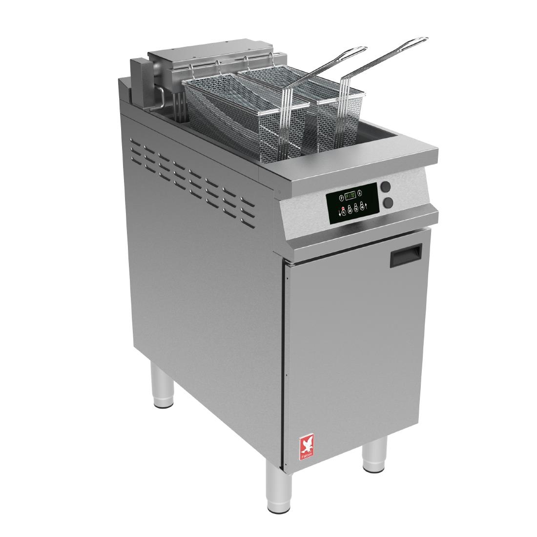Falcon Dominator Plus E3840XP Single Pan Twin Basket Programmable Electric Angel Fryer on Feet