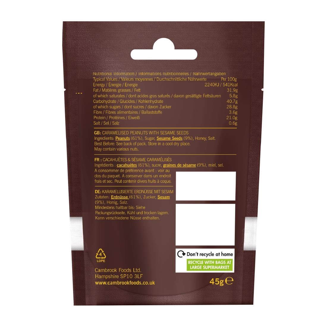 Cambrook Caramelised Sesame Peanuts Snack Pack 45g (12 Pack) - Image 2